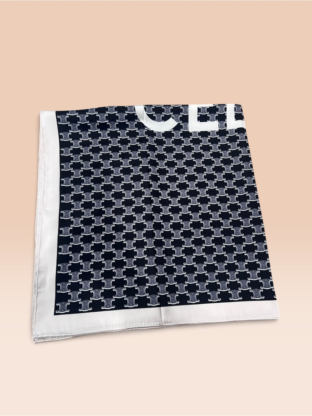 Designer Black & White Triomphe Logo Pattern Silk Scarf - Picture 2 of 4